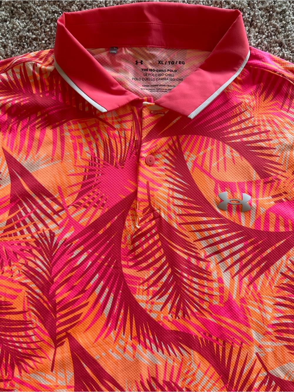 Under Armour Men's Iso-Chill Graphic Palm Golf Polo Pink Shock Orange Size XL